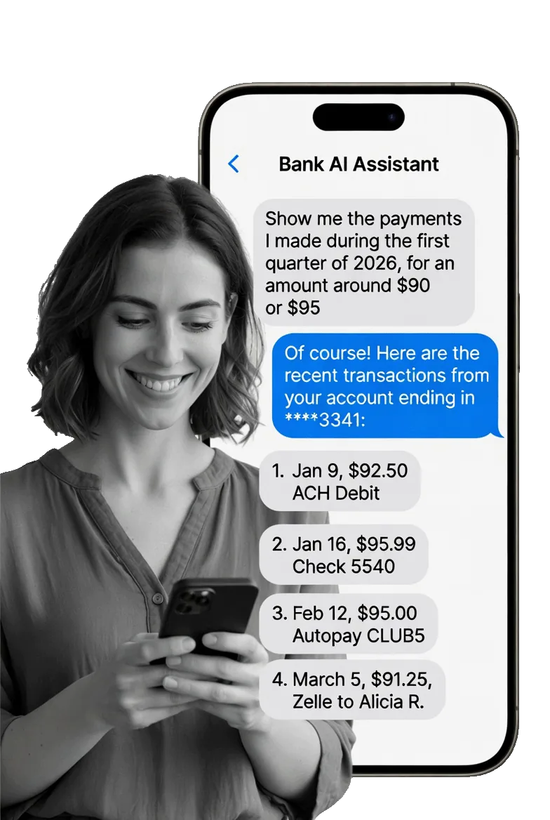 Un cliente escribe por SMS al asistente de IA de su banco para consultar pagos del primer trimestre; recibe las transacciones exactas.