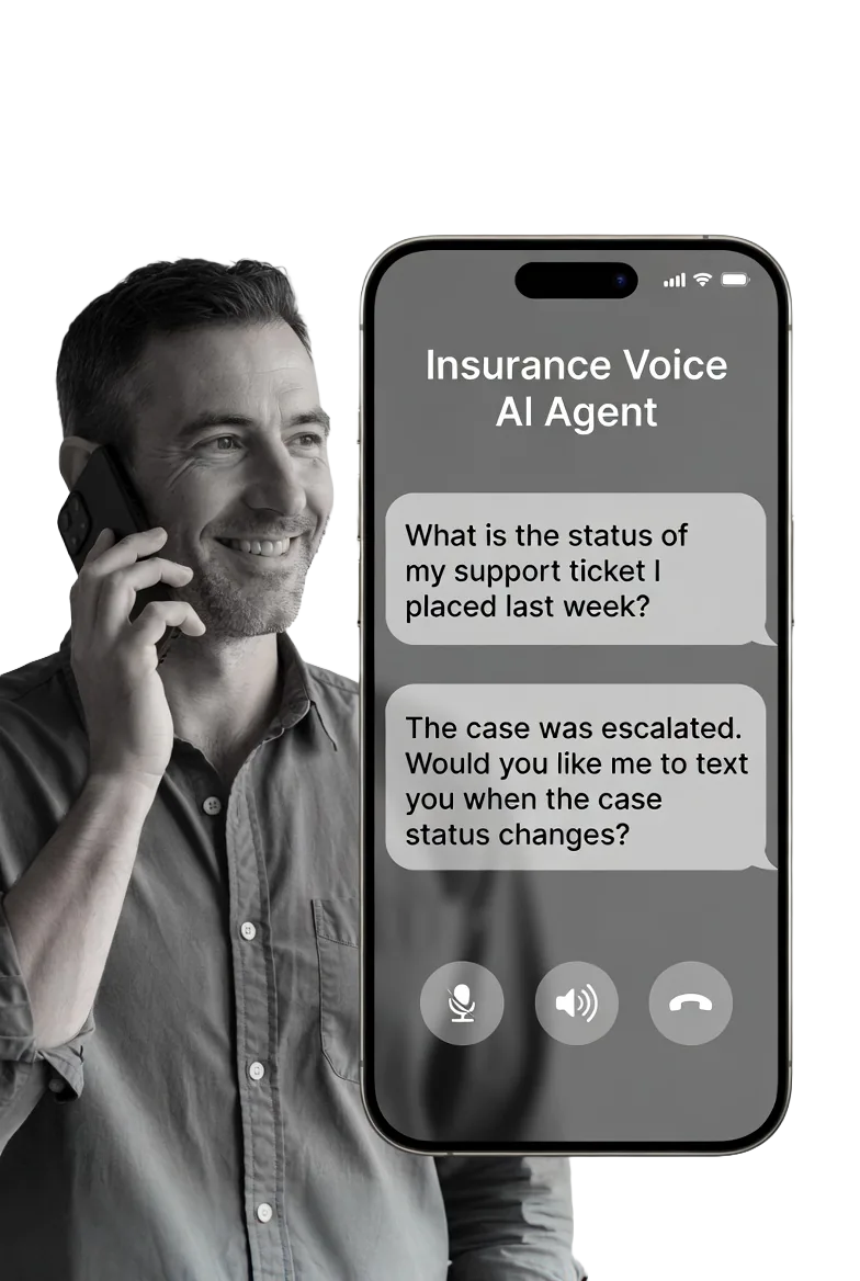 Un cliente habla por teléfono con un agente de IA de seguros que responde su consulta de soporte y ofrece enviar actualizaciones por SMS.