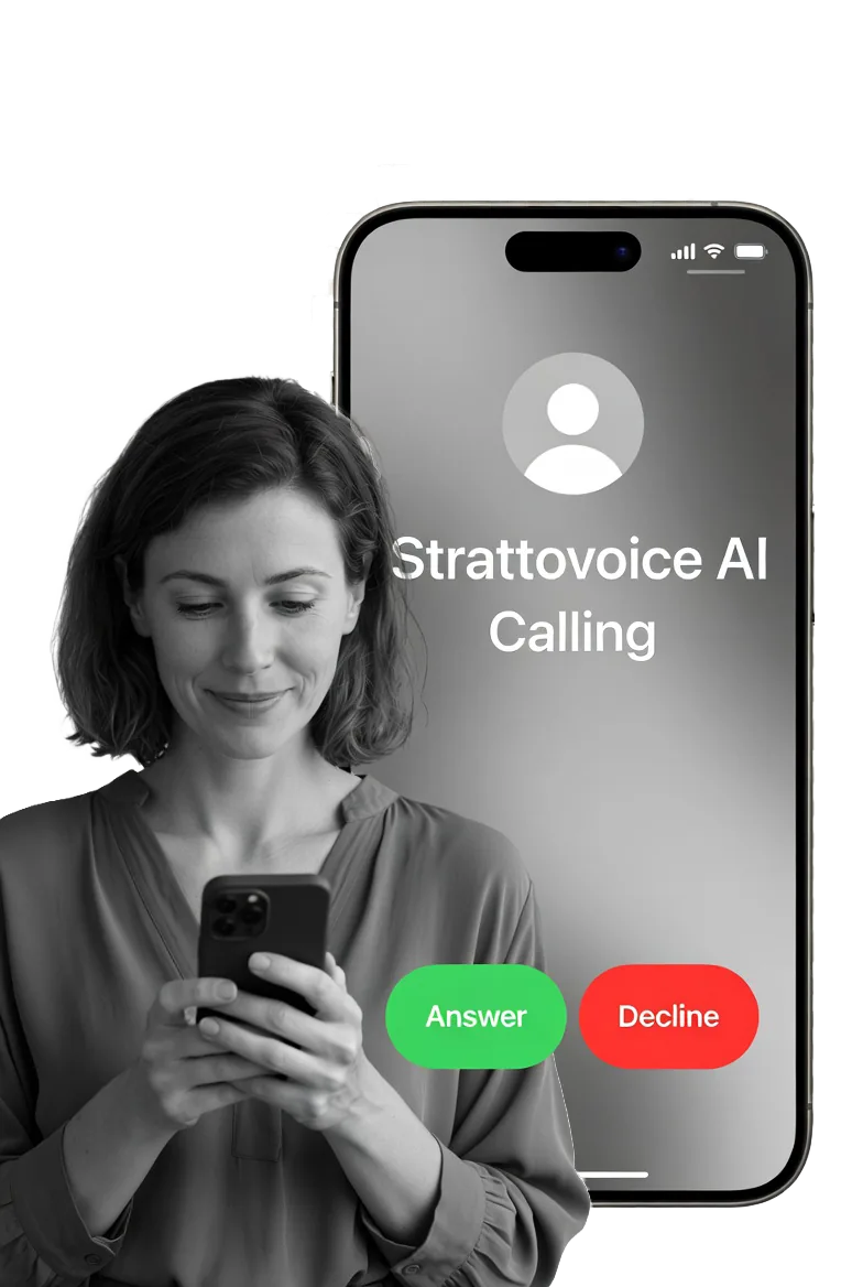 El teléfono de un cliente muestra una llamada entrante del agente de IA de StrattoVoice — marcación saliente proactiva.