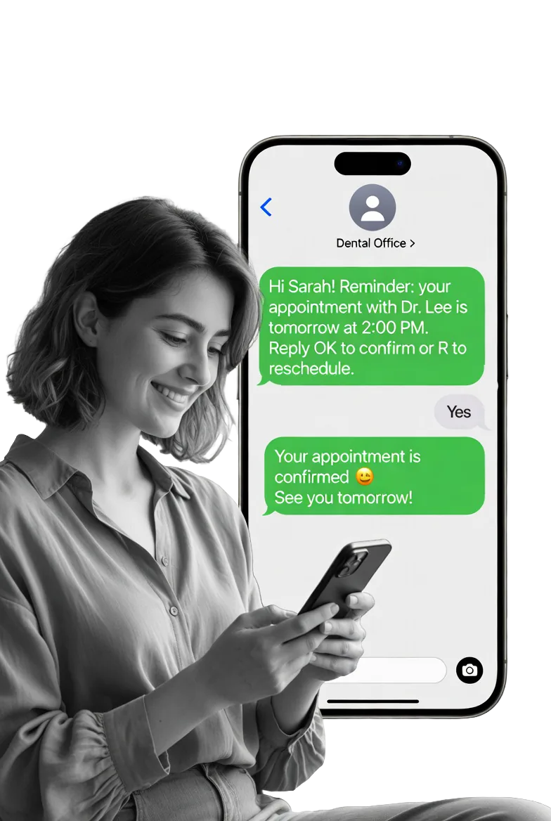 Un paciente recibe un recordatorio de cita dental por SMS, responde Sí, y la IA confirma la cita.